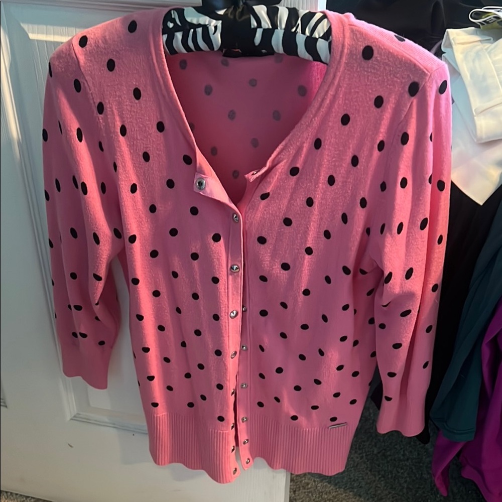 Tahari Pink and Black Polka Dot Cardigan